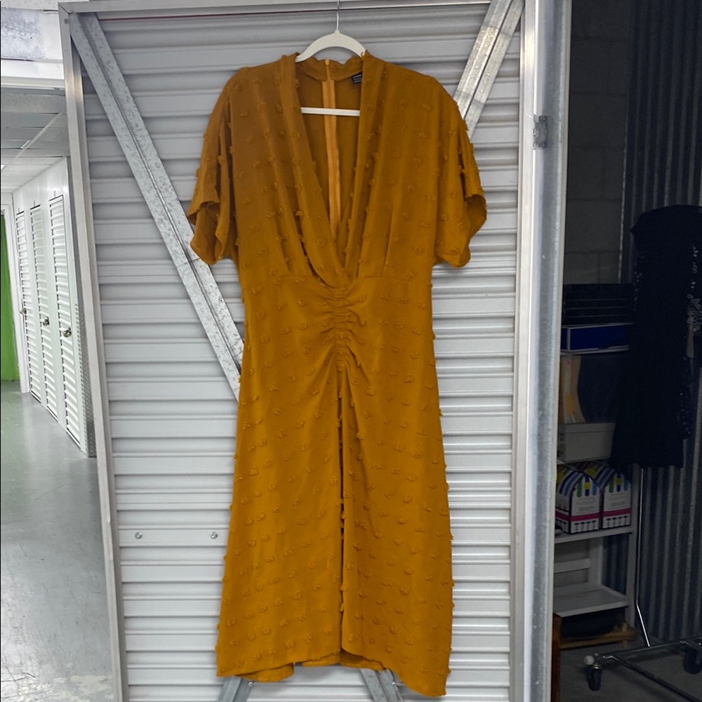 SHEIN Yellow Ruched Flutter Sleeve Midi Dress